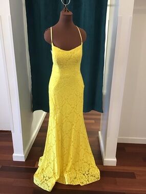 La Femme Bright Yellow Lace Maxi Gown